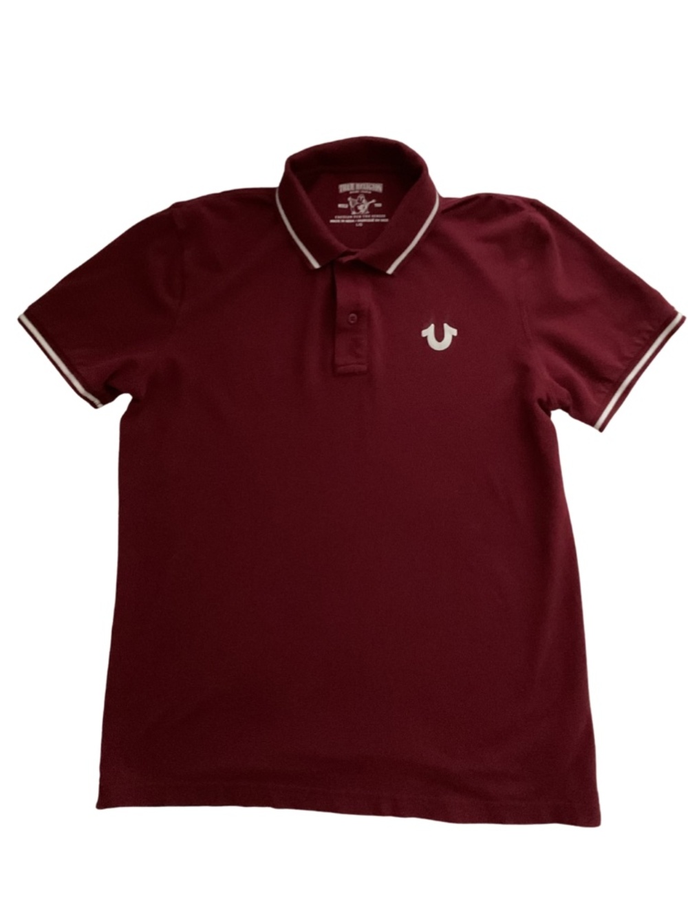 True Religion Burgundy Polo with White Horseshoe Accent Men's L Y2K Streetwear